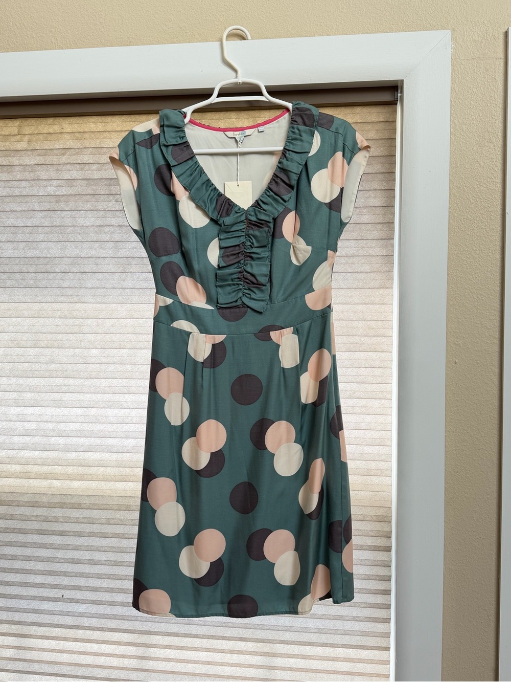Boden Green Polka Dot Ruffle V-Neck Midi Dress